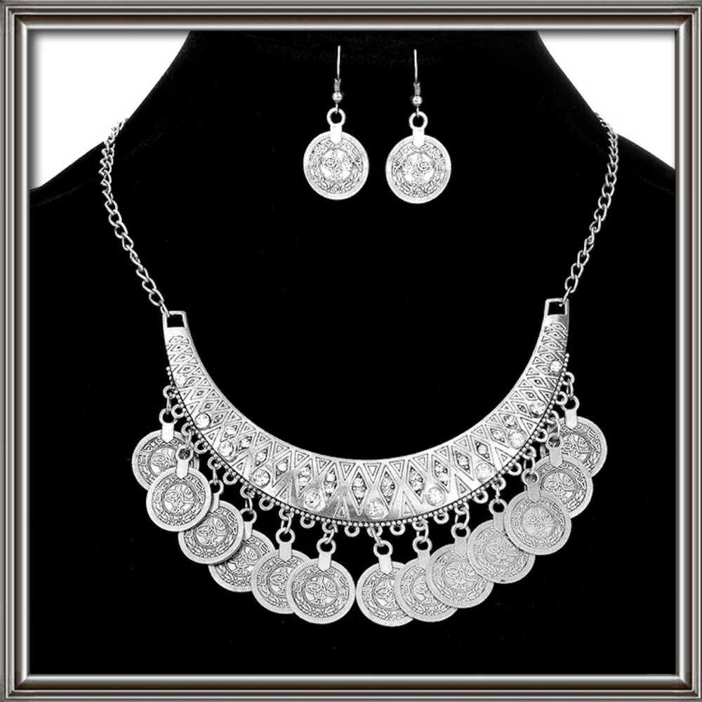 Bohemian coins necklace and earring set.